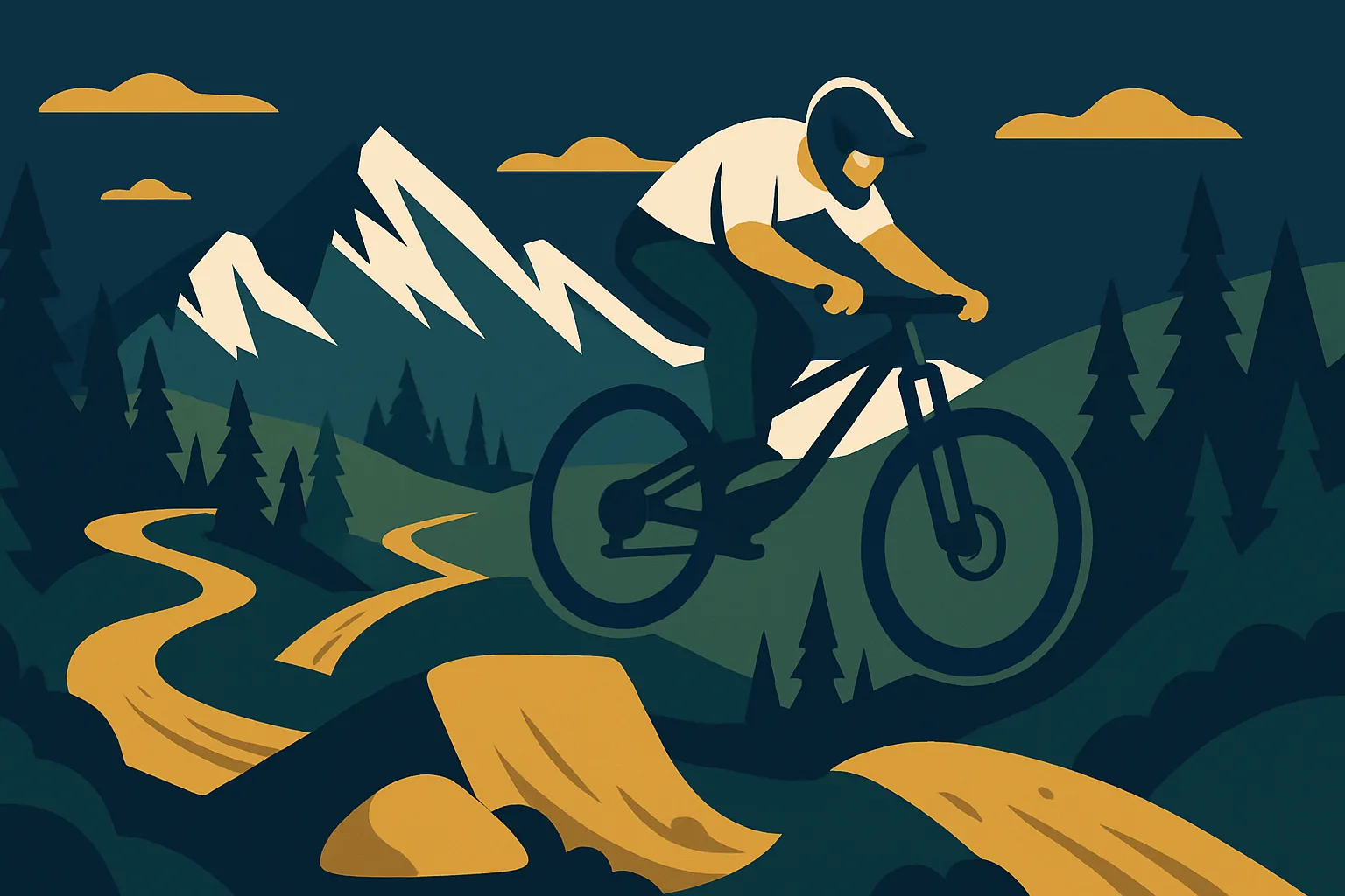 Flat-design illustration of mountain biker on progressive trail with jumps and alpine mountain backdrop