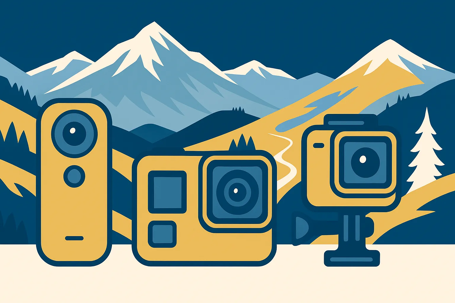 Flat-design illustration of three action cameras for mountain biking content creation with alpine background