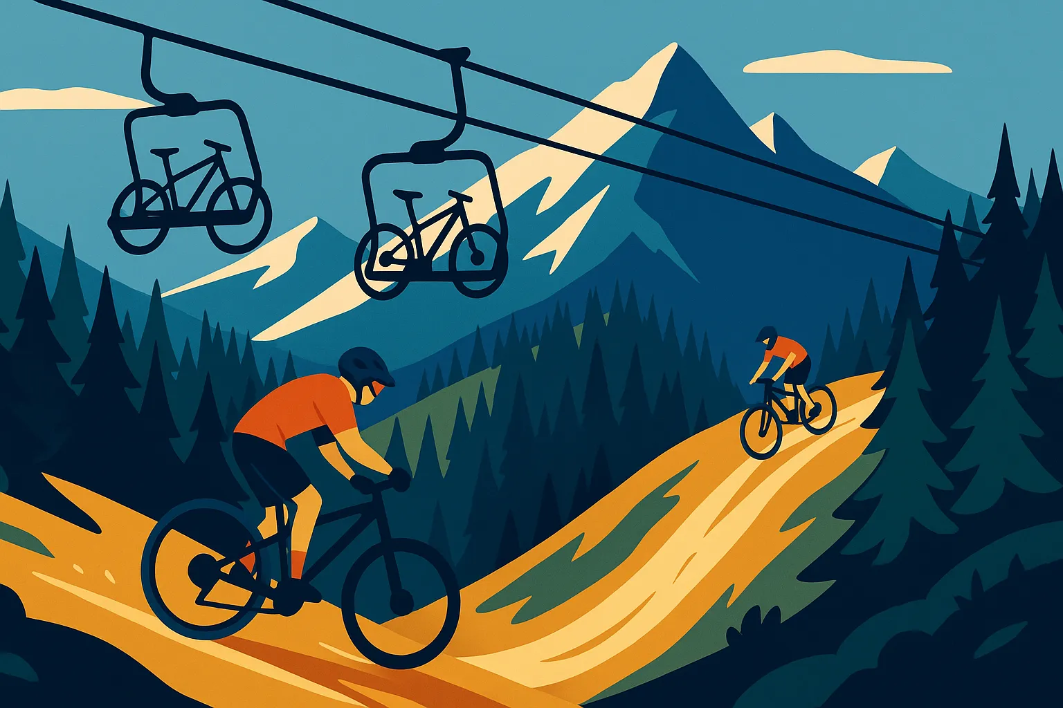 Flat-design illustration of mountain bike park at ski resort with chairlift and alpine trail system