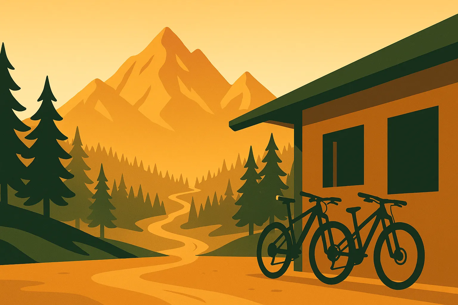 Flat-design illustration of summer bike park base area at golden hour with mountain peaks and alpine trees