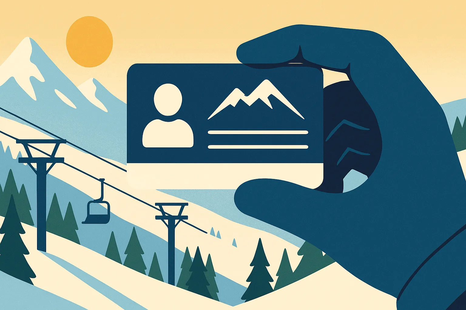 Season pass card held over mountain vista representing ski resort pass renewal
