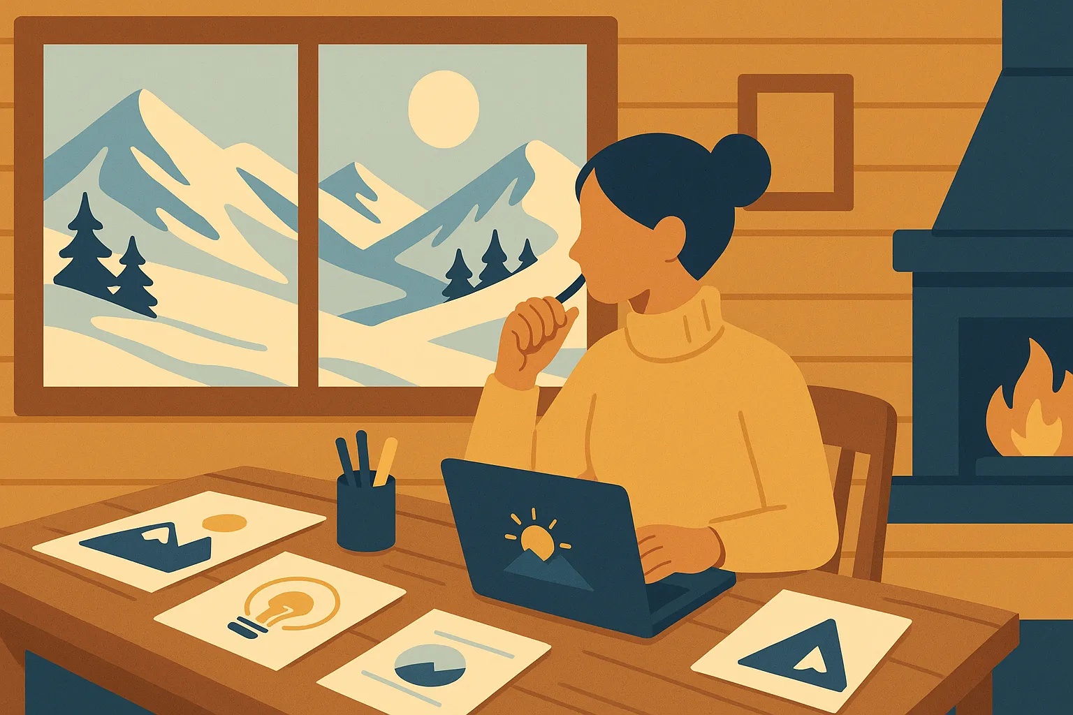 Resort marketer at work in ski lodge creative atmosphere