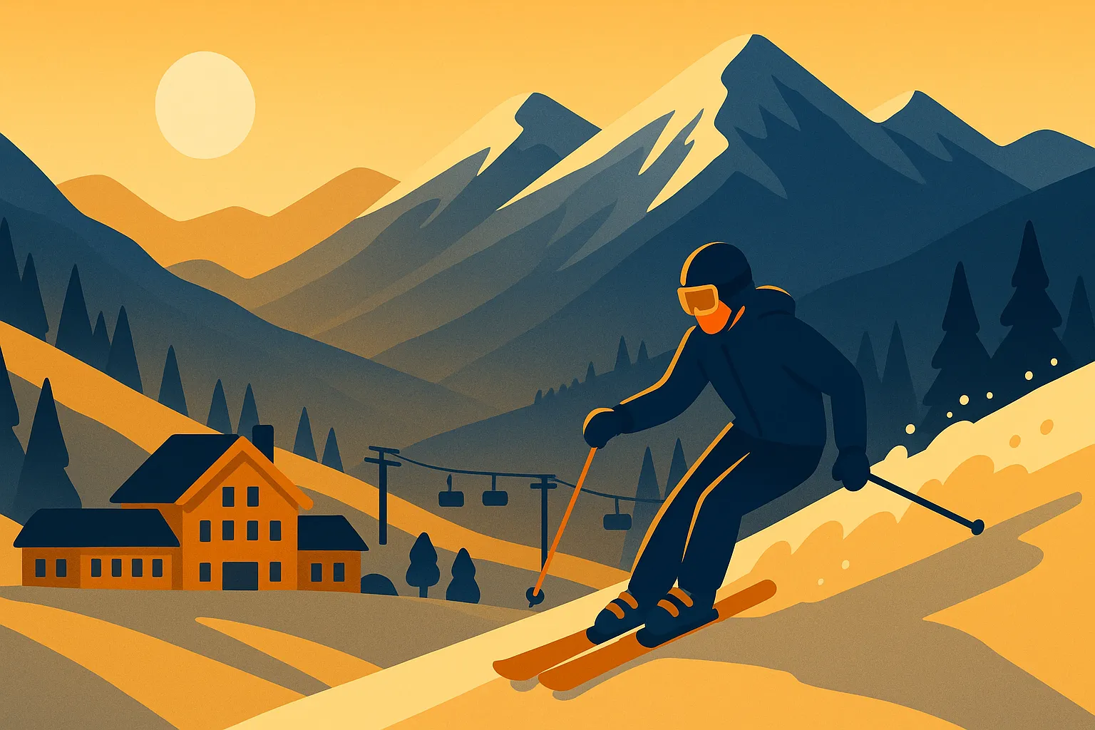 Skier descending mountain at golden hour with resort base area below