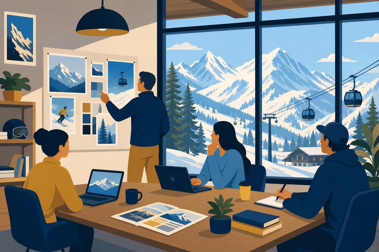 Ski resort marketing team collaboration on mountain chairlift