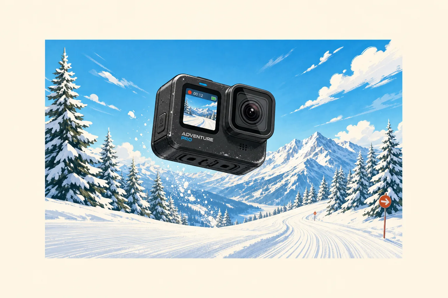 Illustrated editorial image of an action camera floating above a snowy mountain run surrounded by ski resort landscape, bright editorial style, cream background generous padding all sides