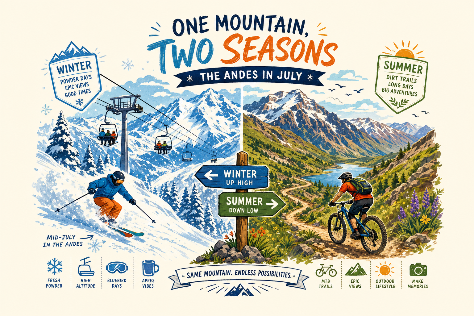 Illustrated split scene: snowy Andes ski resort on one side, summer mountain bike trail on the other, infographic editorial style